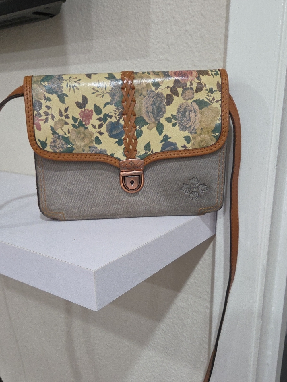 Patricia Nasj Floral Denim Crossbody Bag with Leather Trim